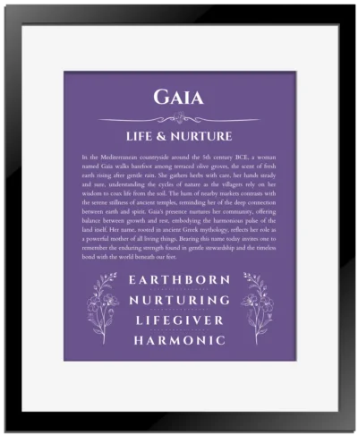 Gaia personalized wall art with the story of your name in purple with black matte frame