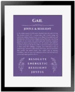 Gail custom name meaning print in purple with black matte frame