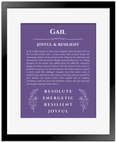 Gail custom name meaning print in purple with black matte frame