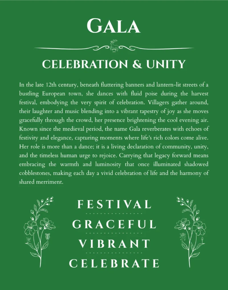 Gala custom name art showing meaning and origin in dark green