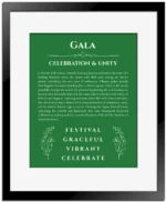 Gala custom name art showing meaning and origin in dark green with black matte frame