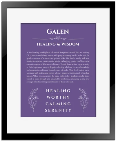 Galen name meaning wall art by Get Your Story in purple with black matte frame