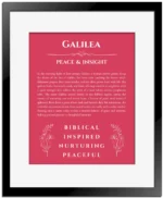 Galilea personalized name art with origin story in red with black matte frame
