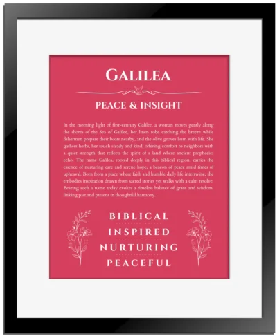 Galilea personalized name art with origin story in red with black matte frame