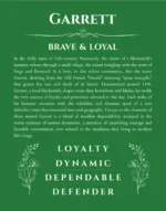 Garrett personalized name art with origin story in dark green