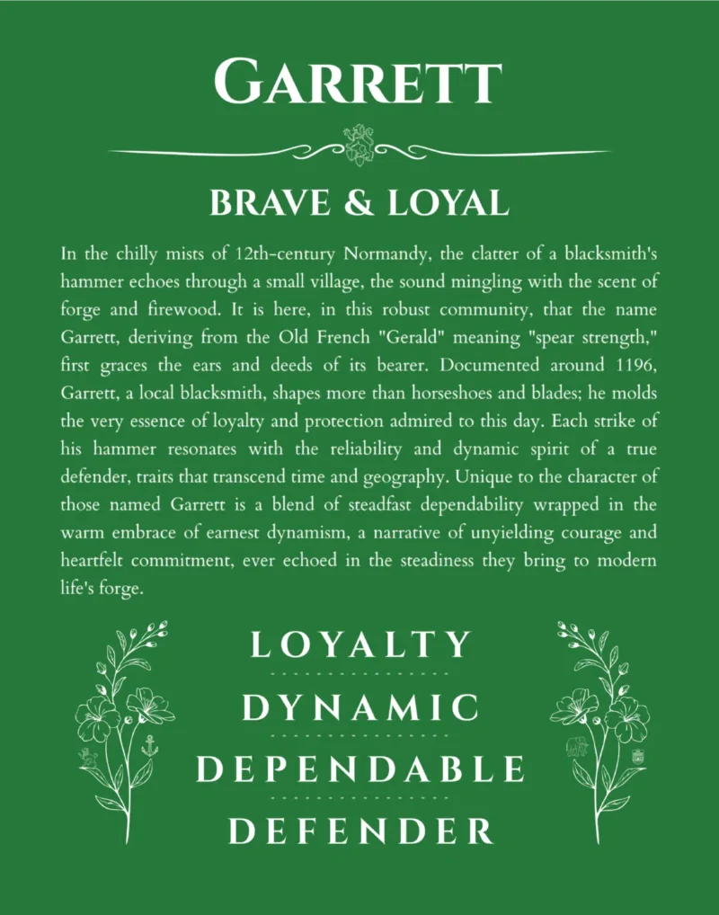 Garrett personalized name art with origin story in dark green