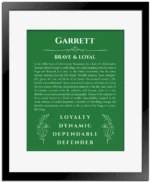 Garrett personalized name art with origin story in dark green with black matte frame