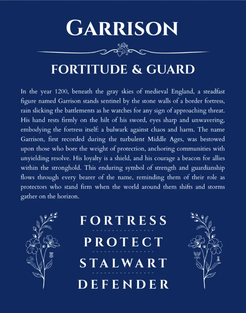 Garrison personalized name art with origin story in deep blue