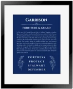 Garrison personalized name art with origin story in deep blue with black matte frame