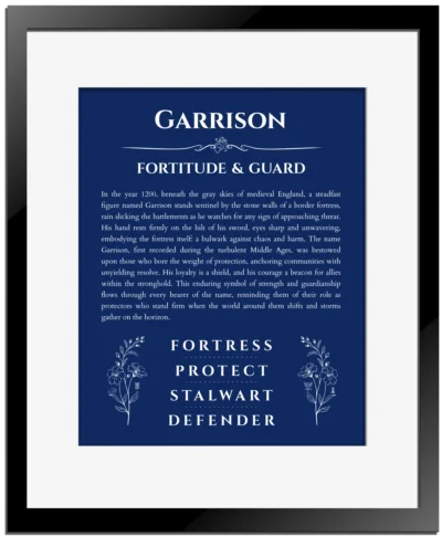 Garrison personalized name art with origin story in deep blue with black matte frame