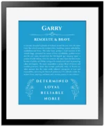 Garry custom name print for wall display in blue with black matte frame