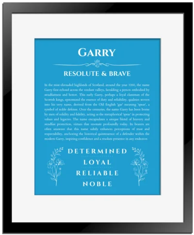 Garry custom name print for wall display in blue with black matte frame