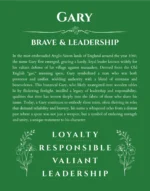Gary name origin print with meaning and traits in dark green