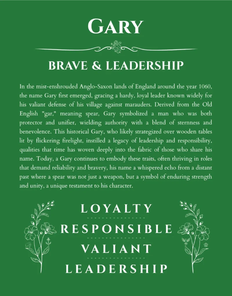 Gary name origin print with meaning and traits in dark green