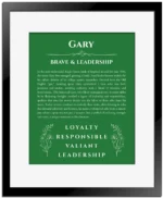 Gary name origin print with meaning and traits in dark green with black matte frame