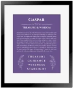 Gaspar custom name art showing meaning and origin in purple with black matte frame