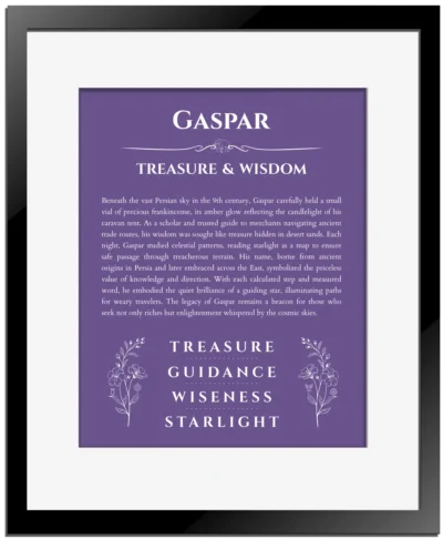 Gaspar custom name art showing meaning and origin in purple with black matte frame