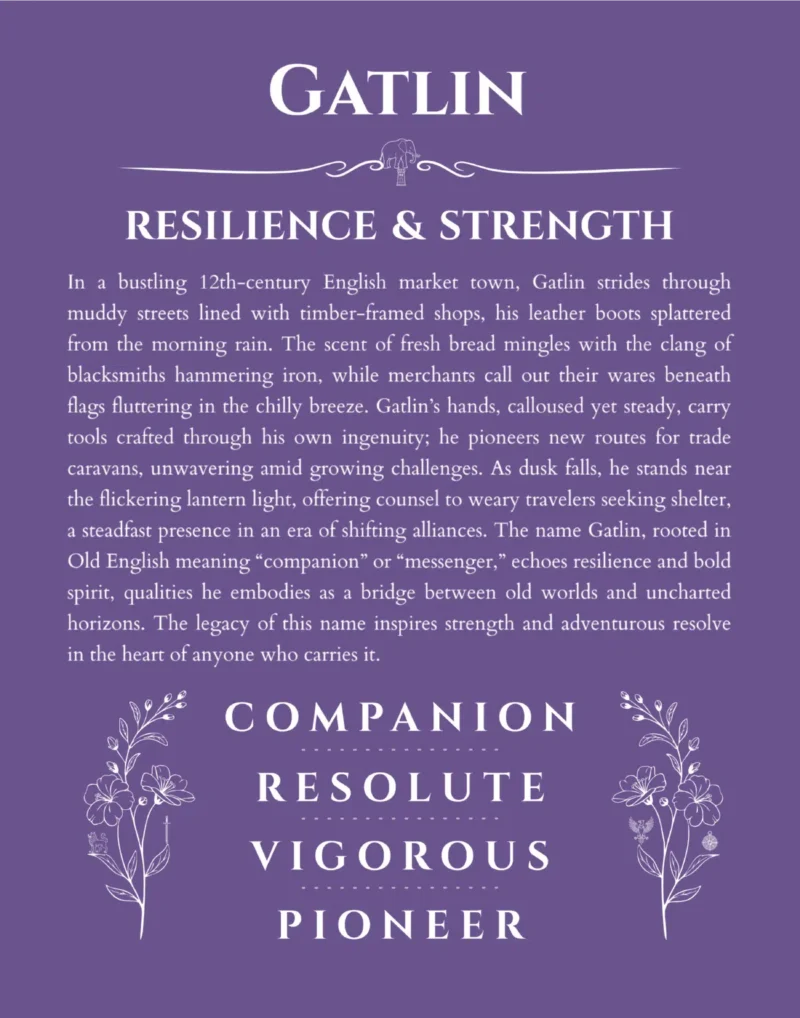 Gatlin personalized name print with origin and traits in purple
