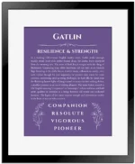 Gatlin personalized name print with origin and traits in purple with black matte frame