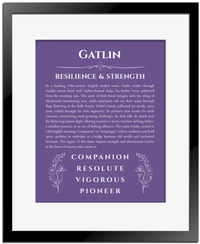 Gatlin personalized name print with origin and traits in purple with black matte frame