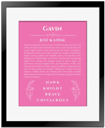 Gavin custom name meaning print in pink with black matte frame