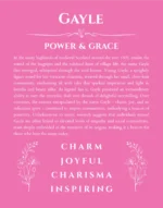 Gayle custom name art showing meaning and origin in pink