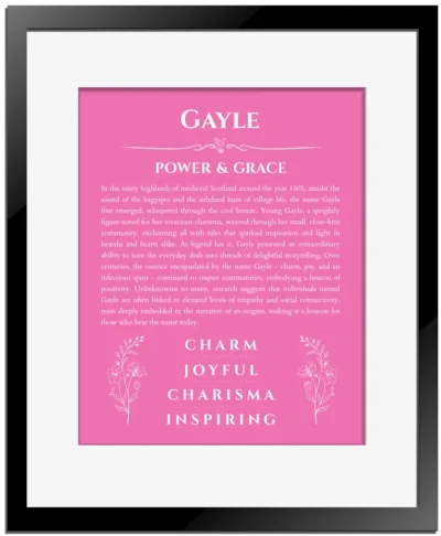 Gayle custom name art showing meaning and origin in pink with black matte frame