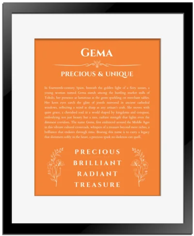 Gema custom name print for wall display in orange with black matte frame