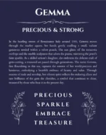 Gemma name origin print with meaning and traits in navy blue