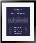 Gemma name origin print with meaning and traits in navy blue with black matte frame