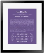Genaro personalized name meaning print in purple with black matte frame