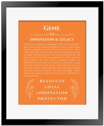 Gene personalized name print with origin and traits in orange with black matte frame