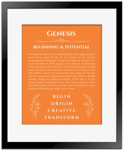 Genesis name meaning gift print in orange with black matte frame