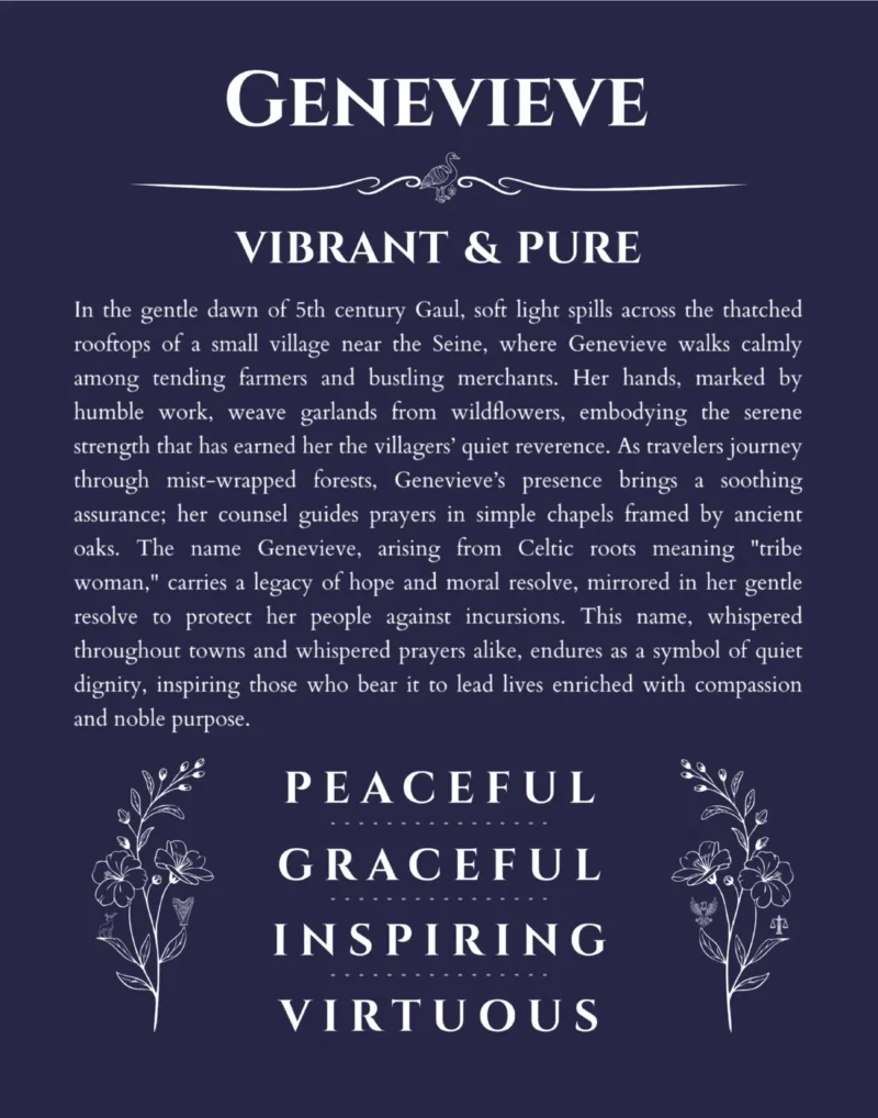 Genevieve name origin print with meaning and traits in navy blue