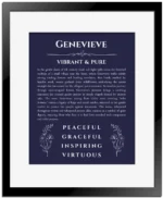 Genevieve name origin print with meaning and traits in navy blue with black matte frame