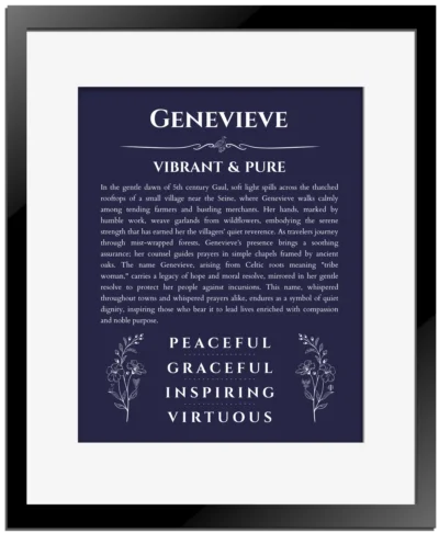 Genevieve name origin print with meaning and traits in navy blue with black matte frame