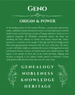 Geno personalized name print with origin and traits in dark green