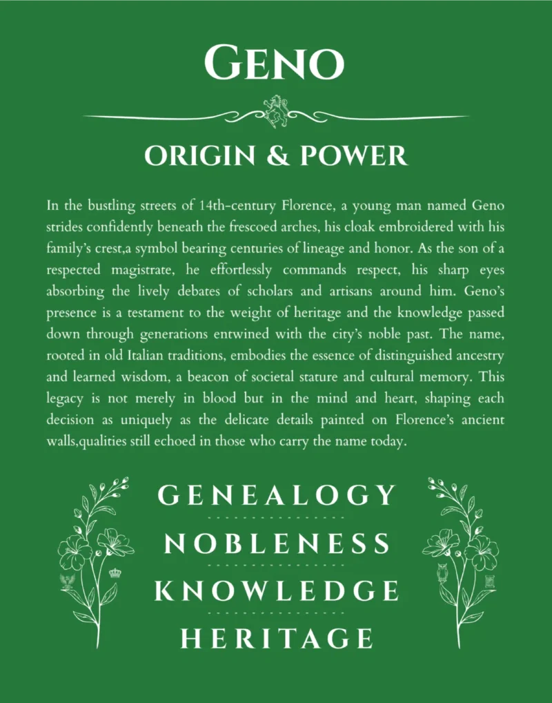 Geno personalized name print with origin and traits in dark green