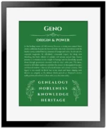 Geno personalized name print with origin and traits in dark green with black matte frame