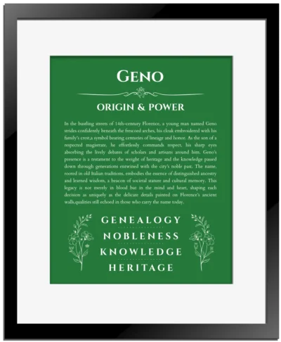 Geno personalized name print with origin and traits in dark green with black matte frame