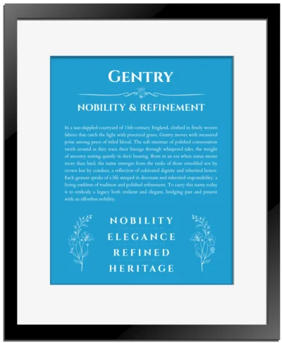 Gentry personalized name meaning print in blue with black matte frame