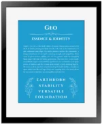 Geo custom name art showing meaning and origin in blue with black matte frame