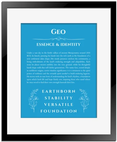 Geo custom name art showing meaning and origin in blue with black matte frame