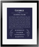 George custom name print for wall display in navy blue with black matte frame