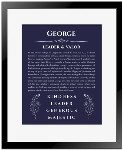 George custom name print for wall display in navy blue with black matte frame