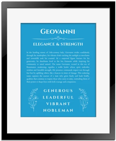 Geovanni custom name print for wall display in blue with black matte frame