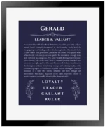 Gerald name meaning gift print in navy blue with black matte frame