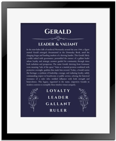 Gerald name meaning gift print in navy blue with black matte frame