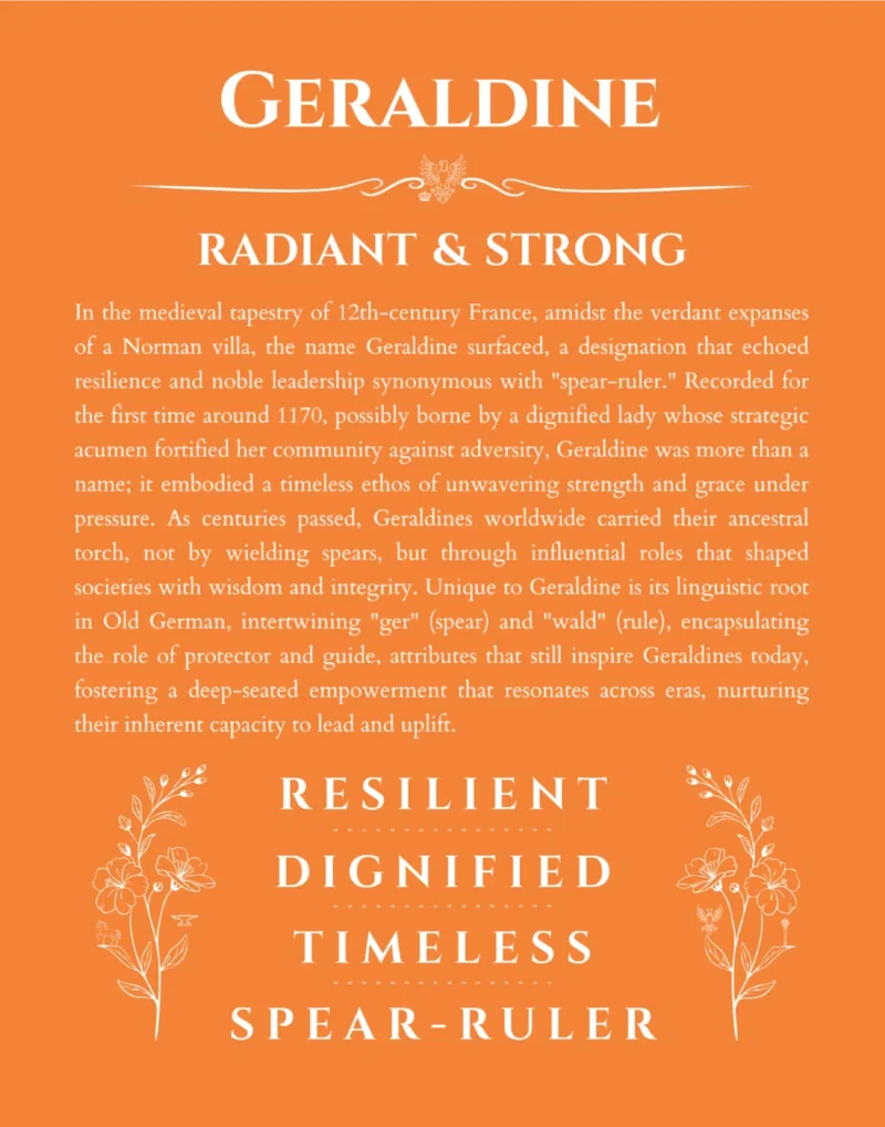 Geraldine name origin print with meaning and traits in orange