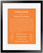 Geraldine name origin print with meaning and traits in orange with black matte frame